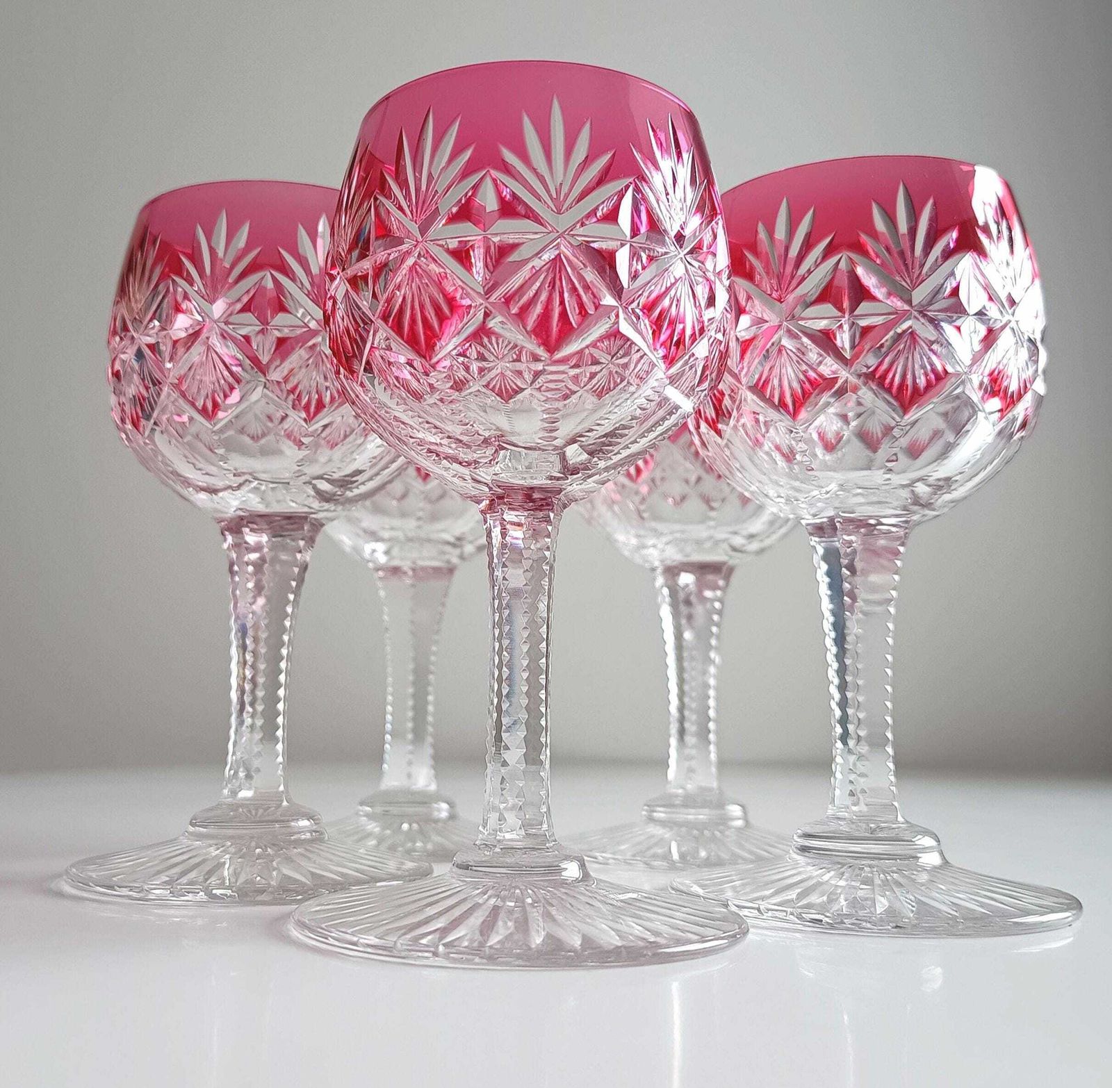 Art Deco English Cut Crystal Wine Glasses: 5 Strawberry Pink, Walsh Walsh, Birmingham 1930s