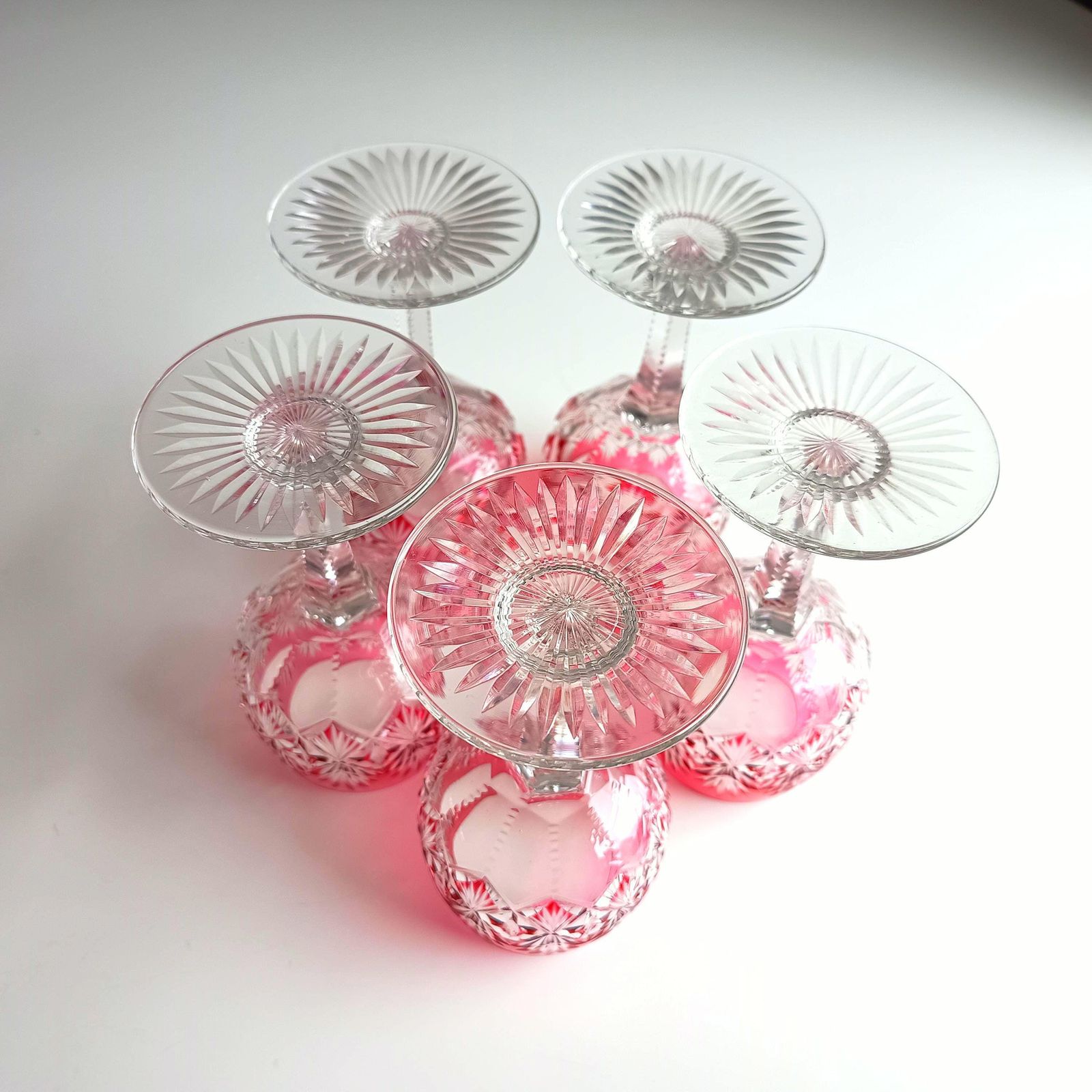 photo furniture Art Deco English Cut Crystal Wine Glasses: 5 Strawberry Pink, Walsh Walsh, Birmingham 1930s