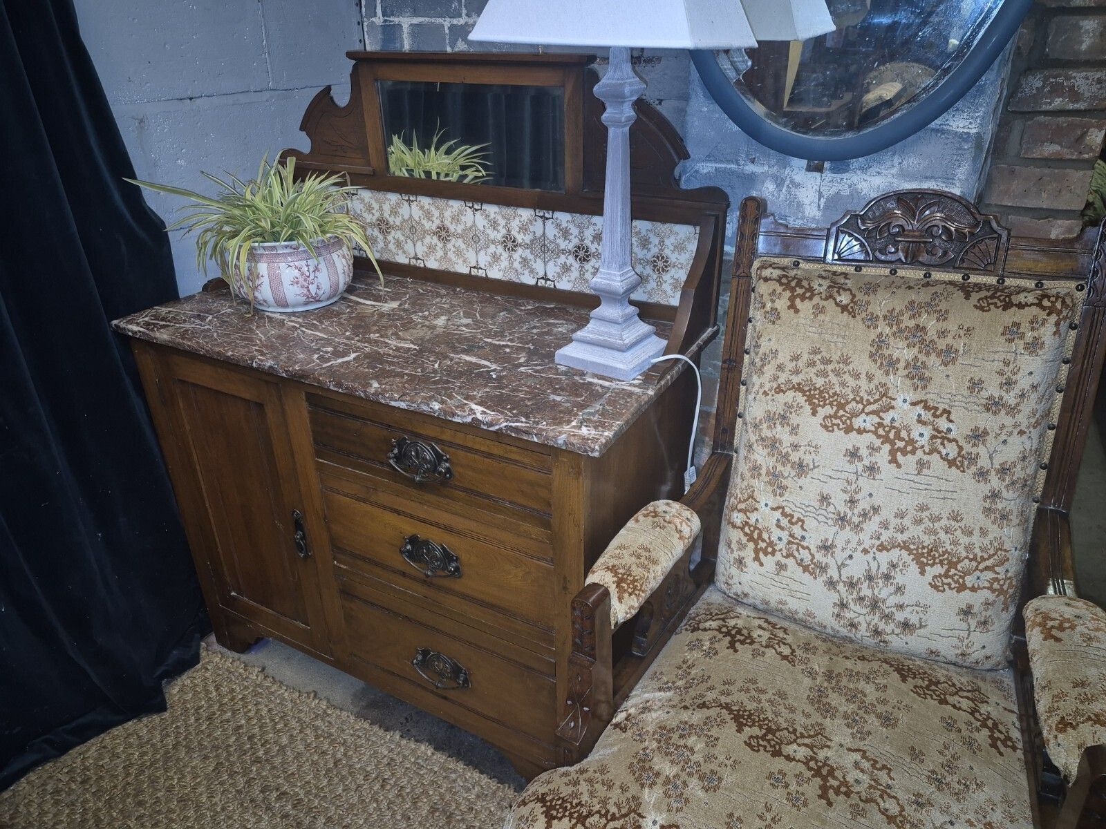 Fab Vintage Edwardian Italian Breccia Medicia Marble Top Minton Tile Washstand photo furniture