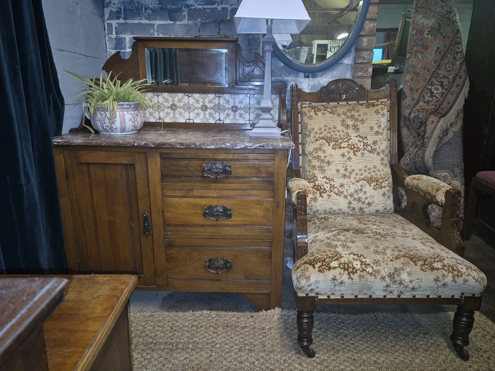 Fab Vintage Edwardian Italian Breccia Medicia Marble Top Minton Tile Washstand photo for sale