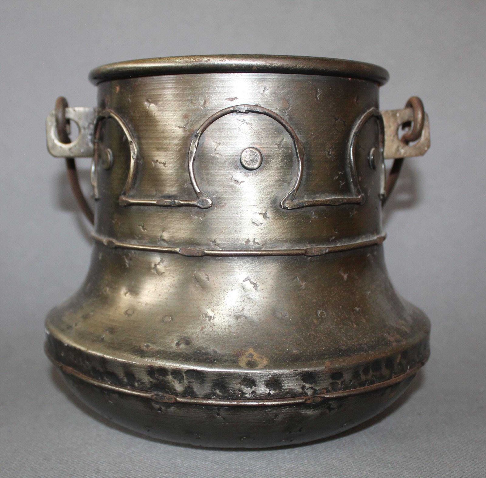 photo for sale Large Vintage Iron And Metal Cauldron Pot Or Planter, Iron Handle, Folk Art Style, Rustic Design, Embossed, Jardiniere, Home Garden Decor