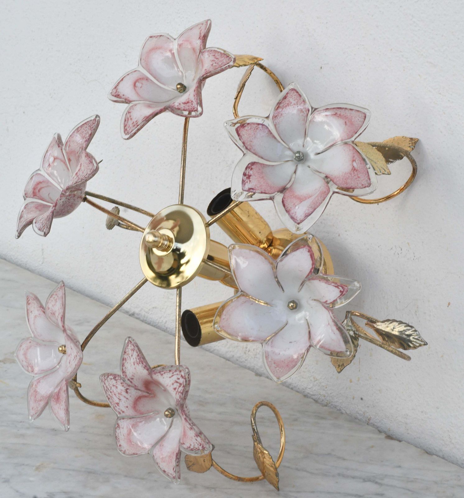 Set Of 3 Charming Murano Vintage Ceiling Light Pink Flowers, 1970s photo 1862.0