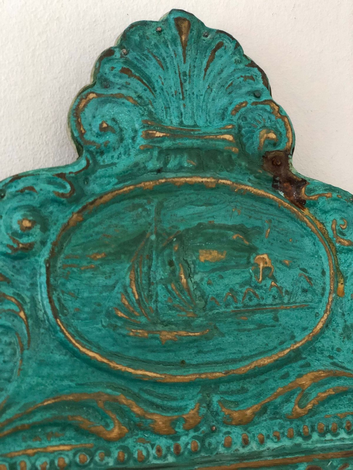 Antique Embossed Pressed Metal (Tole) Mirror With A Green Patina Finish And Gilt Highlights Rococo photo 450.0