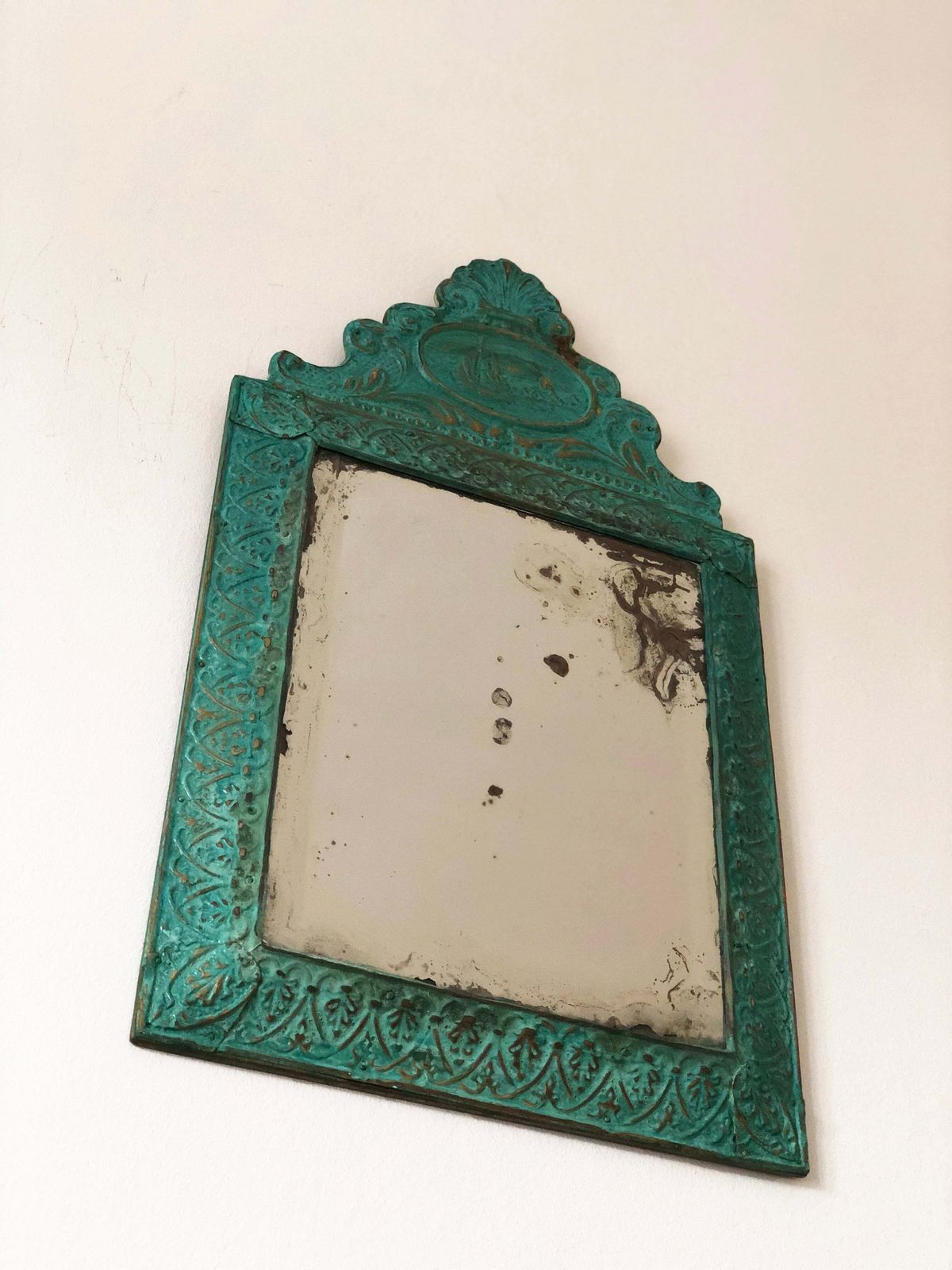 Antique Embossed Pressed Metal (Tole) Mirror With A Green Patina Finish And Gilt Highlights Rococo photo buy