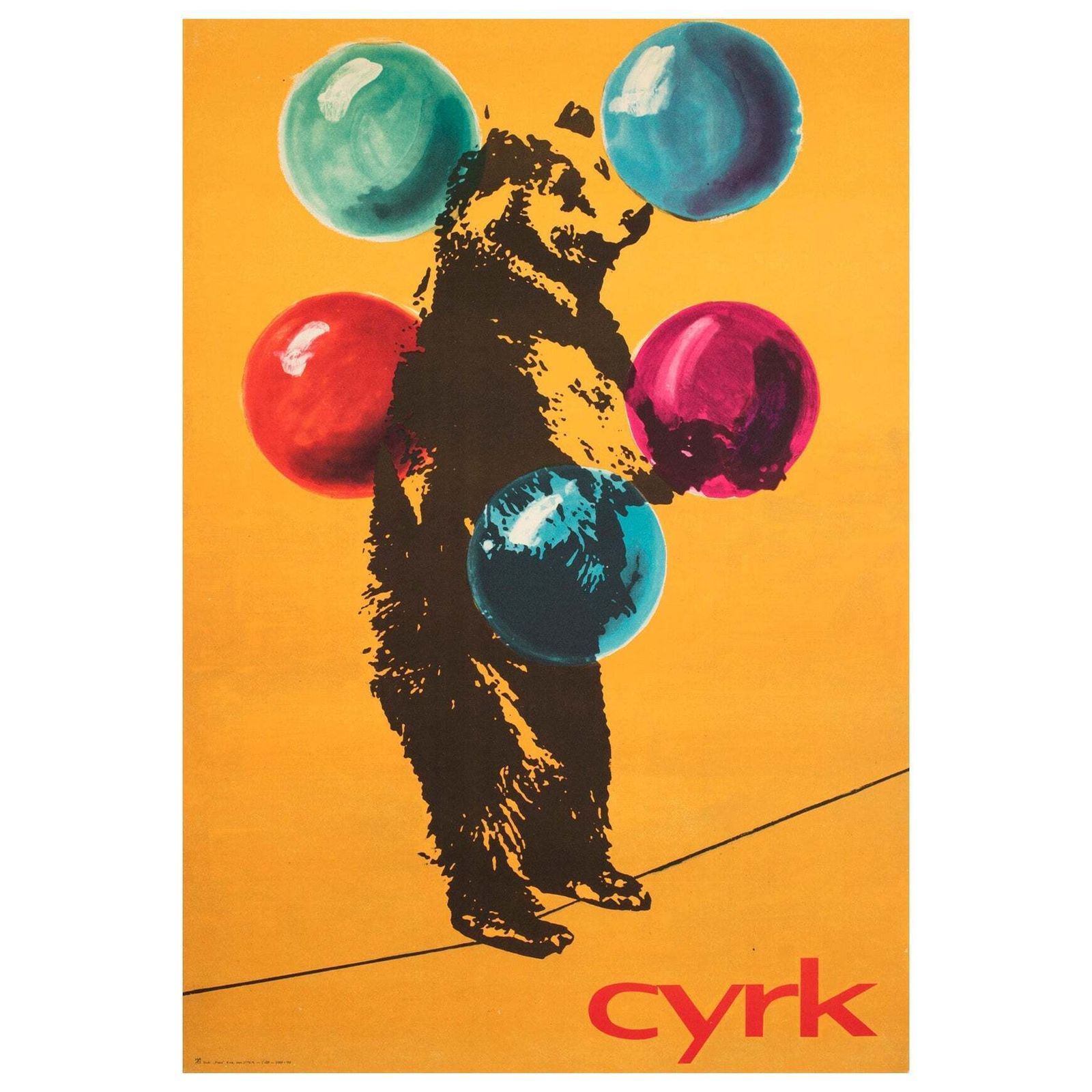 Affiche de cirque polonaise Cyrk, ours funambule jongleur, 1971