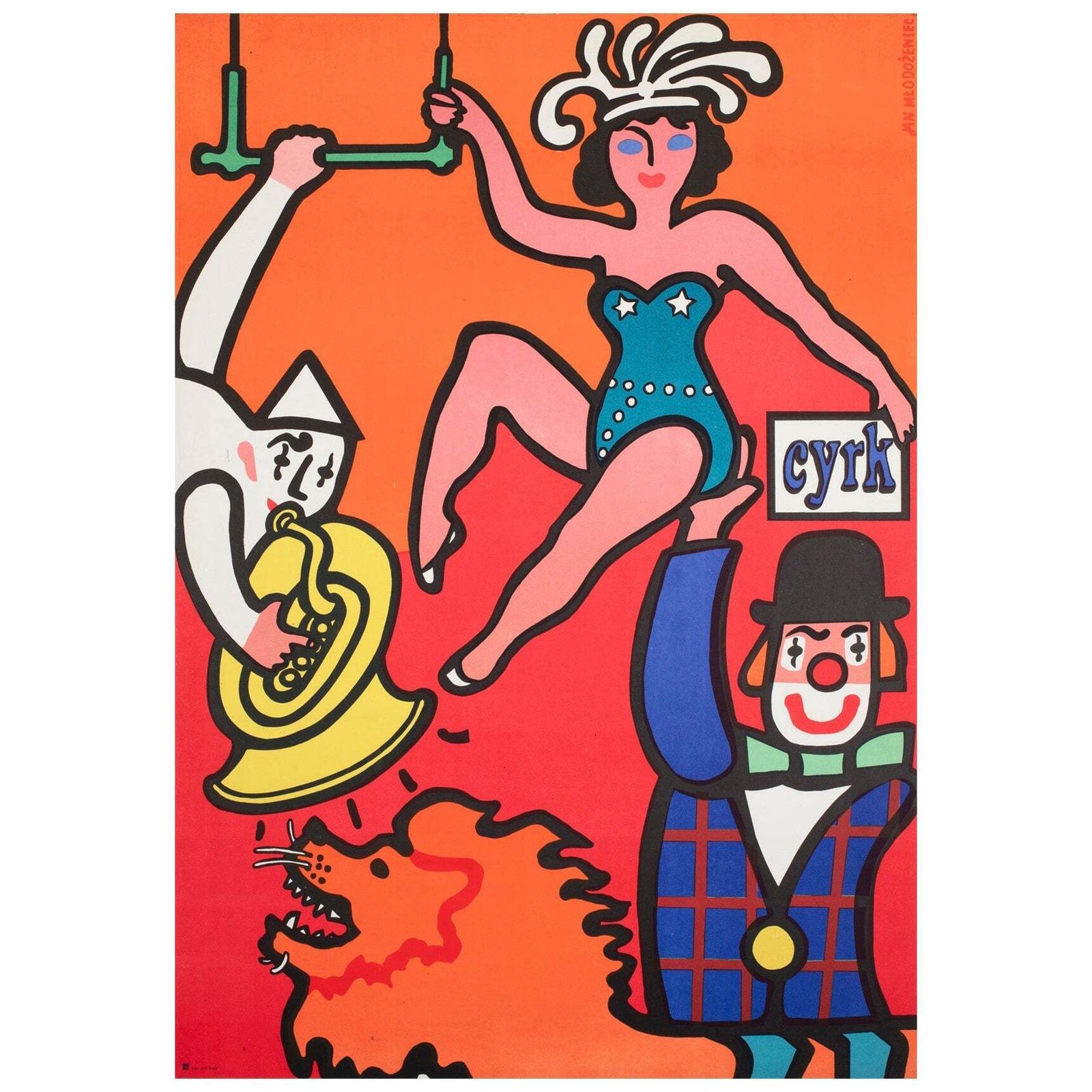 Affiche de cirque polonaise B1 Cyrk Clown Balancing Lady 1975, par Jan Mlodozeniec