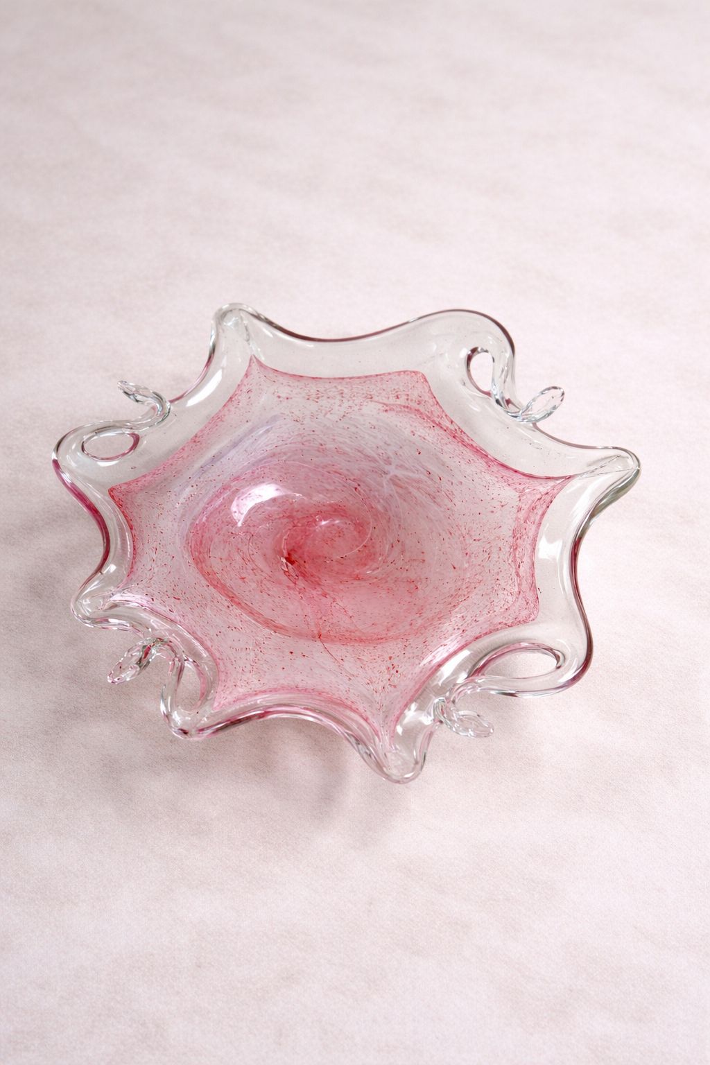 Mid Century Pink Cased Art Glass Bowl With Aventurine Inclusions