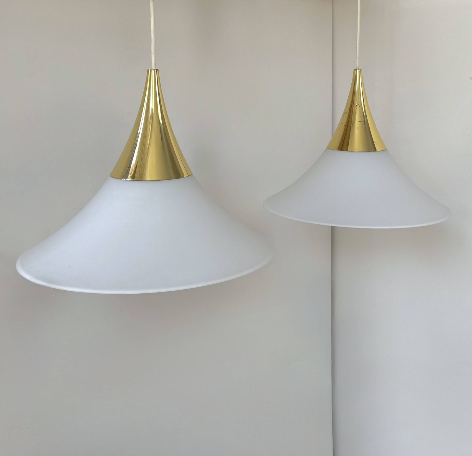 Pair Of Limburg Pendant Lights In Brass And Opaline Glass, Germany, 1970 photo for sale