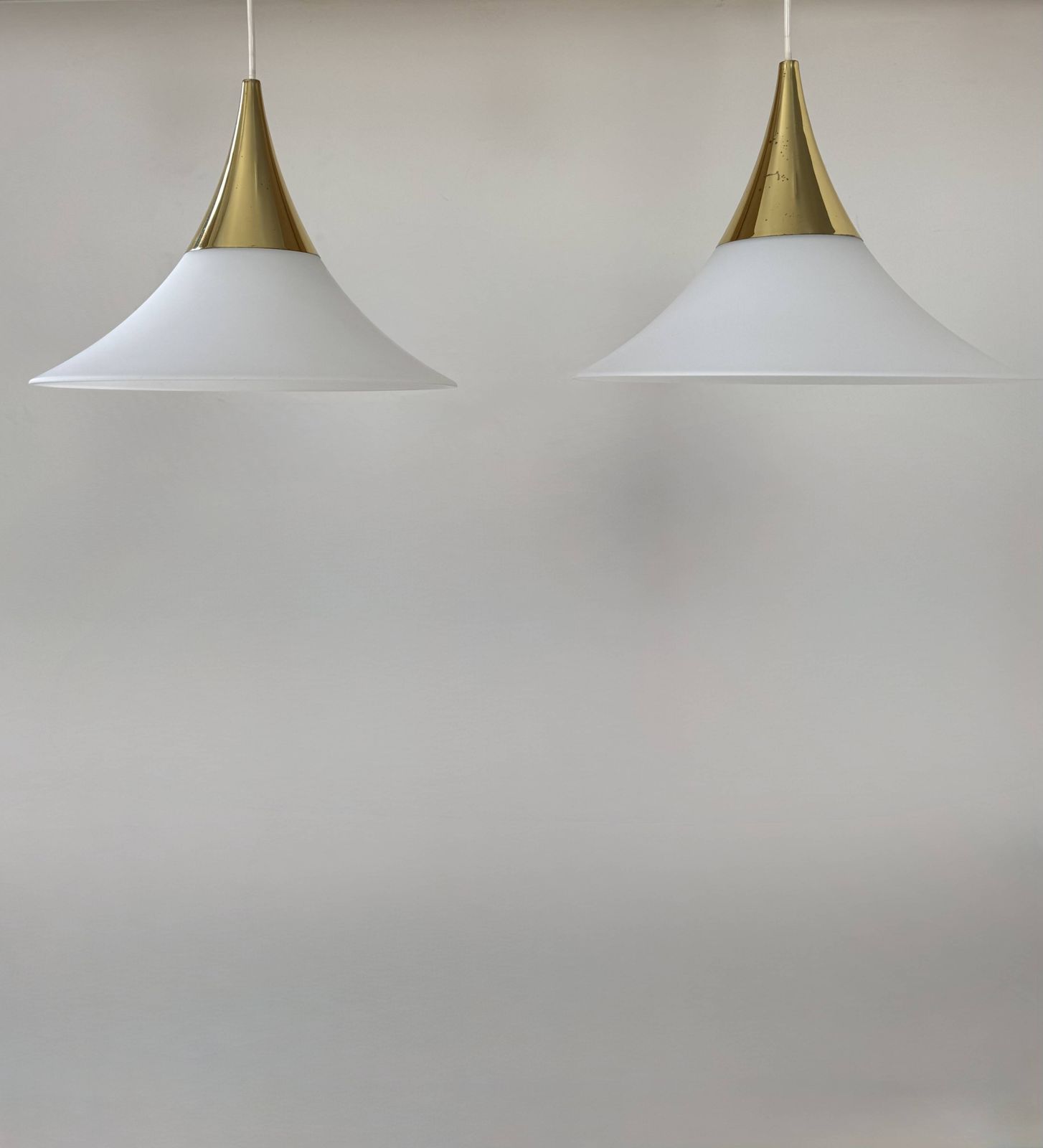 Pair Of Limburg Pendant Lights In Brass And Opaline Glass, Germany, 1970 photo Lighting
