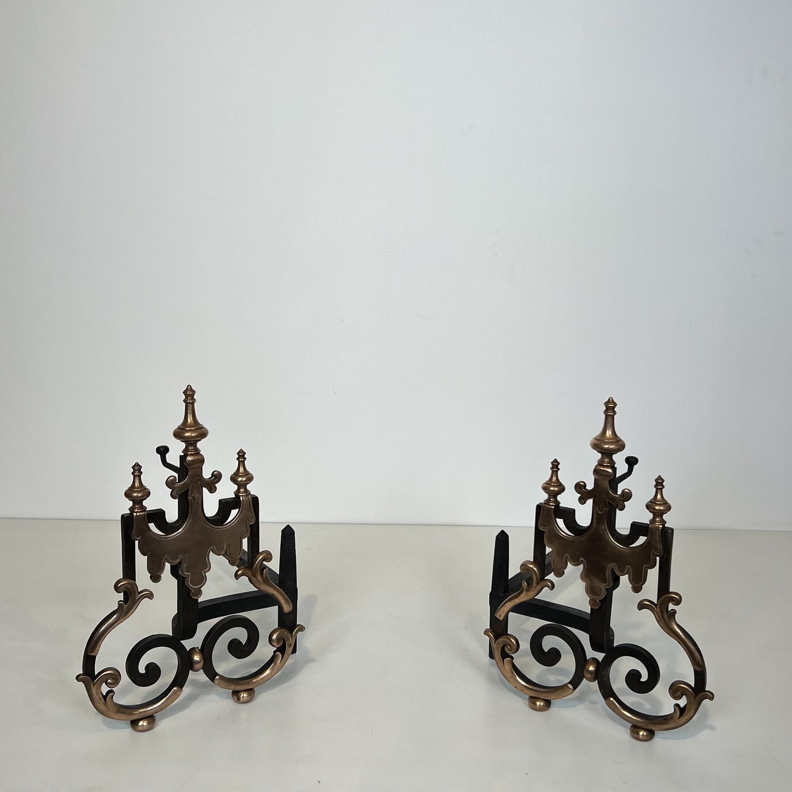 Important Pair Of Wrought Iron And Copper Andirons photo for sale