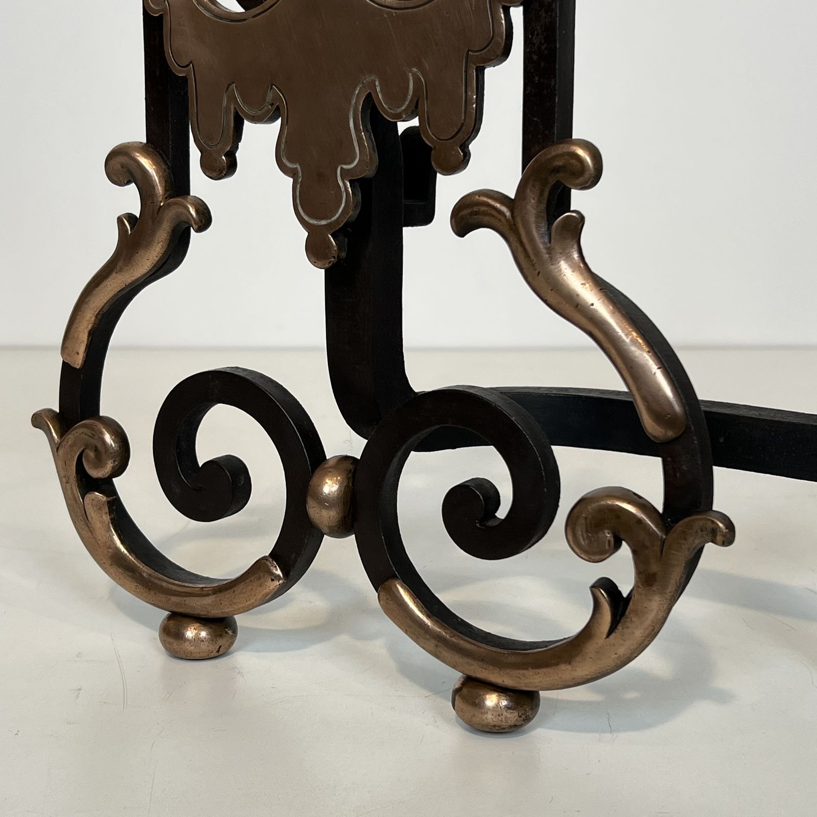 Home Fixtures Important Pair Of Wrought Iron And Copper Andirons photo