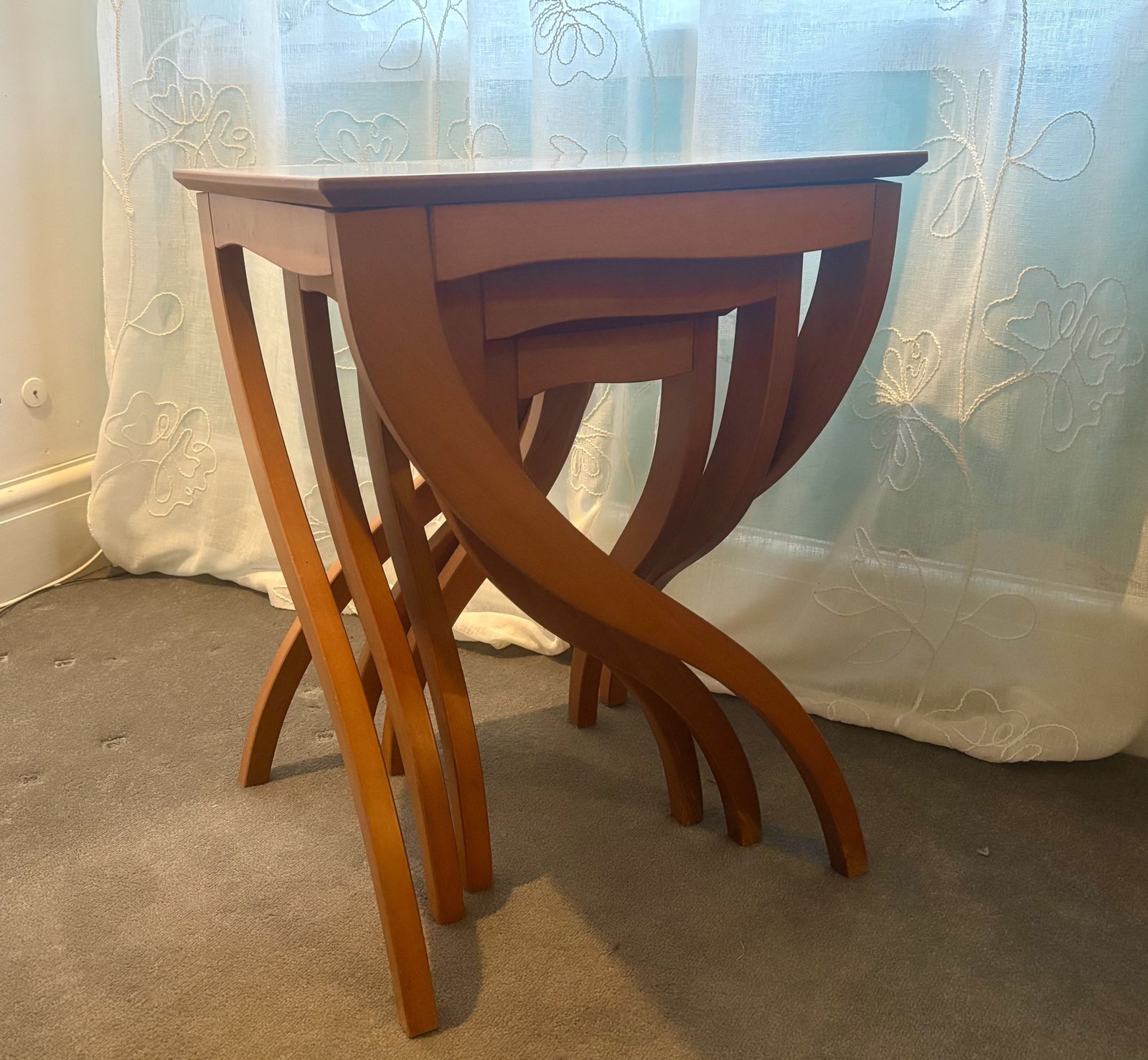 Nest Of Tables By Jaume Torres, Medusa, Spanish Birdseye Cherrywood Ca 1980s photo for sale