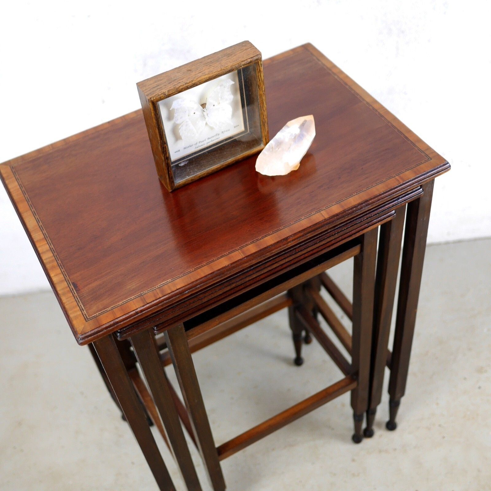 Antique Nest Of 3 Walnut Tables English Inlaid Occasional Edwardian #103131 photo vintage