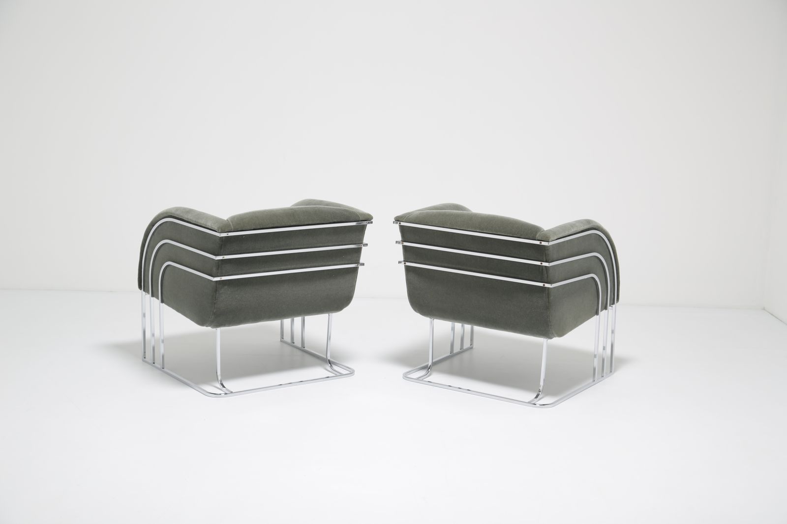 photo for sale Pair Of Mid Century Mohair And Chrome Framed Decorator Armchairs By George Mergenov, 1970s.