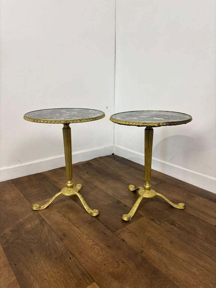Pair Of Circular Gilt Based Tripod Wine Tables With Faux Marble Tops photo Furniture