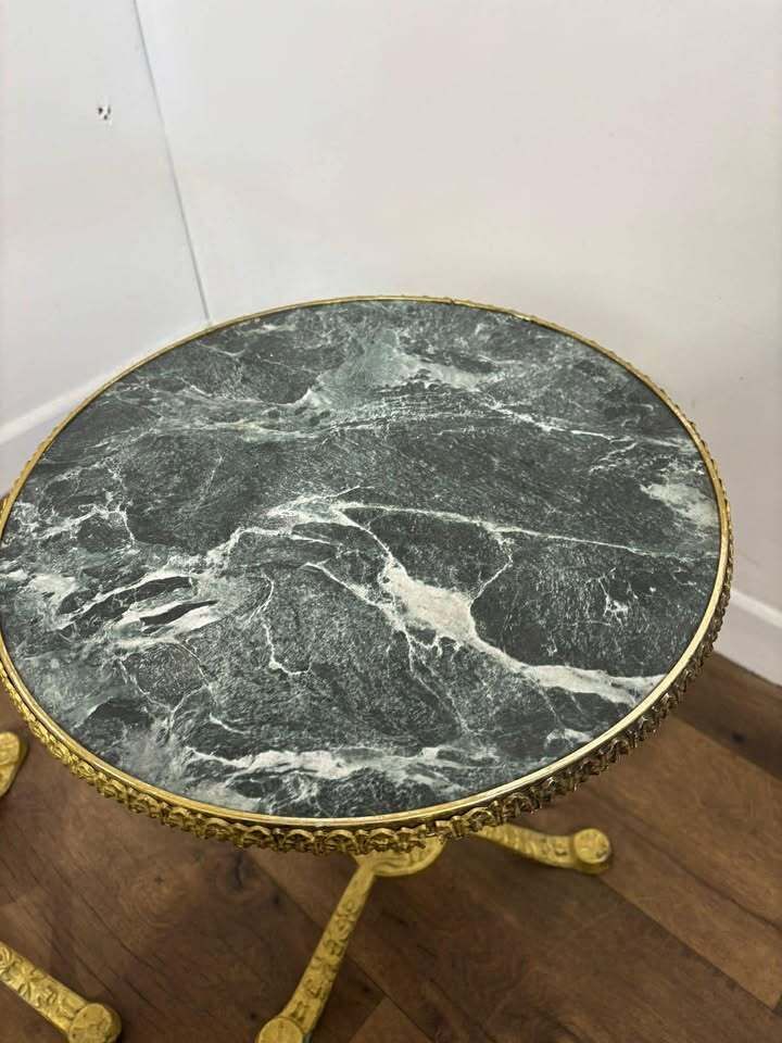 Pair Of Circular Gilt Based Tripod Wine Tables With Faux Marble Tops photo vintage