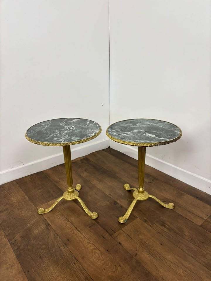 photo furniture Pair Of Circular Gilt Based Tripod Wine Tables With Faux Marble Tops
