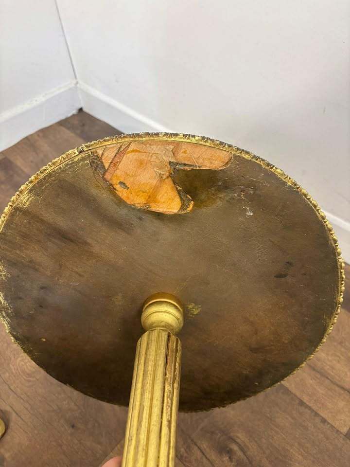 Furniture Pair Of Circular Gilt Based Tripod Wine Tables With Faux Marble Tops photo