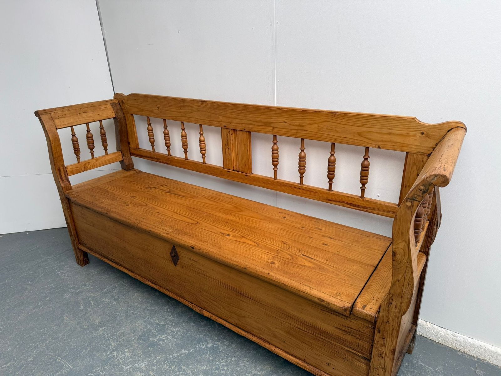 A Lovely Original Hungarian Antique Pine Waxed Spindled 2/3 Seater Bench photo furniture