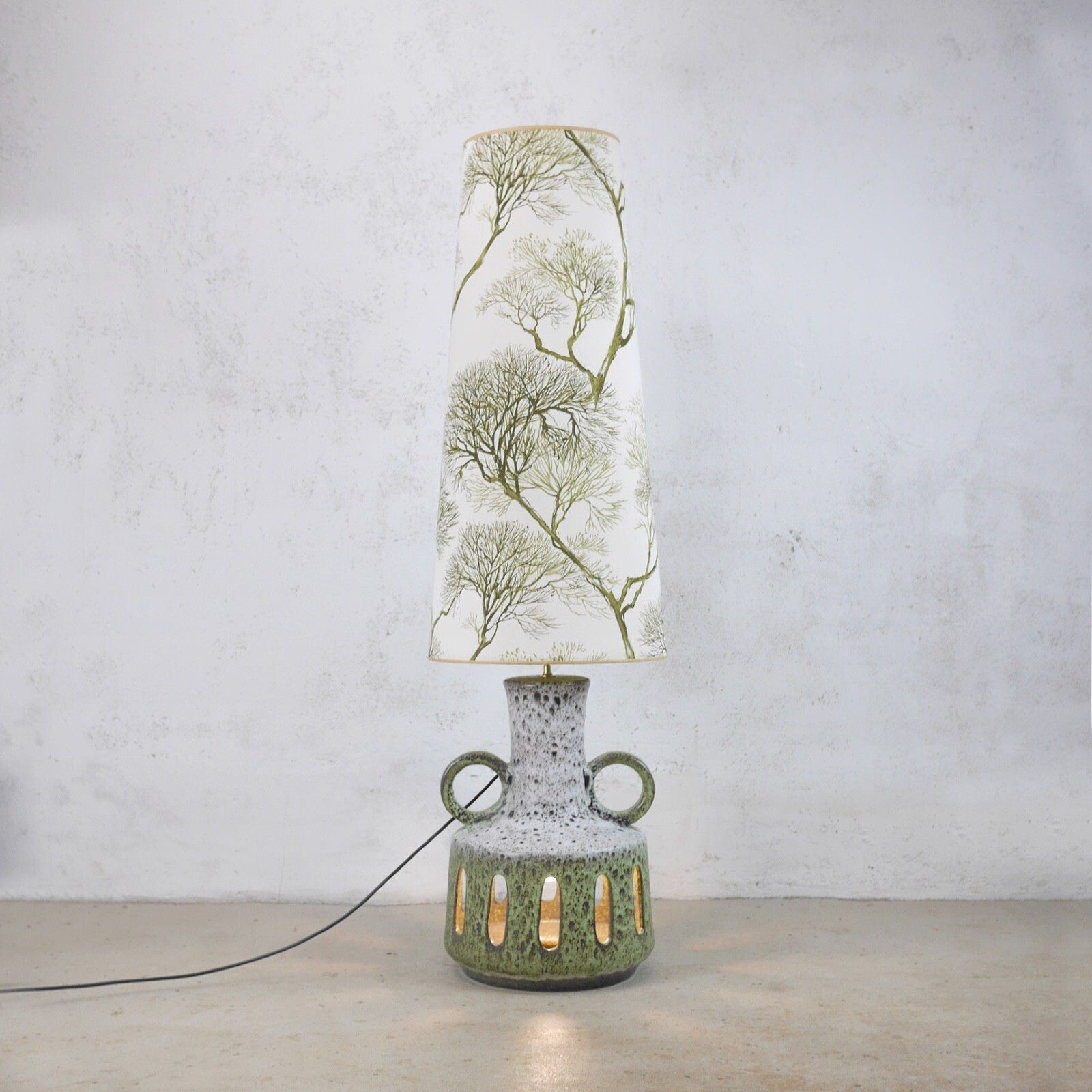Mid Century Green Fat Lava Studio Pottery Floor Lamp Shade West Germany #103095