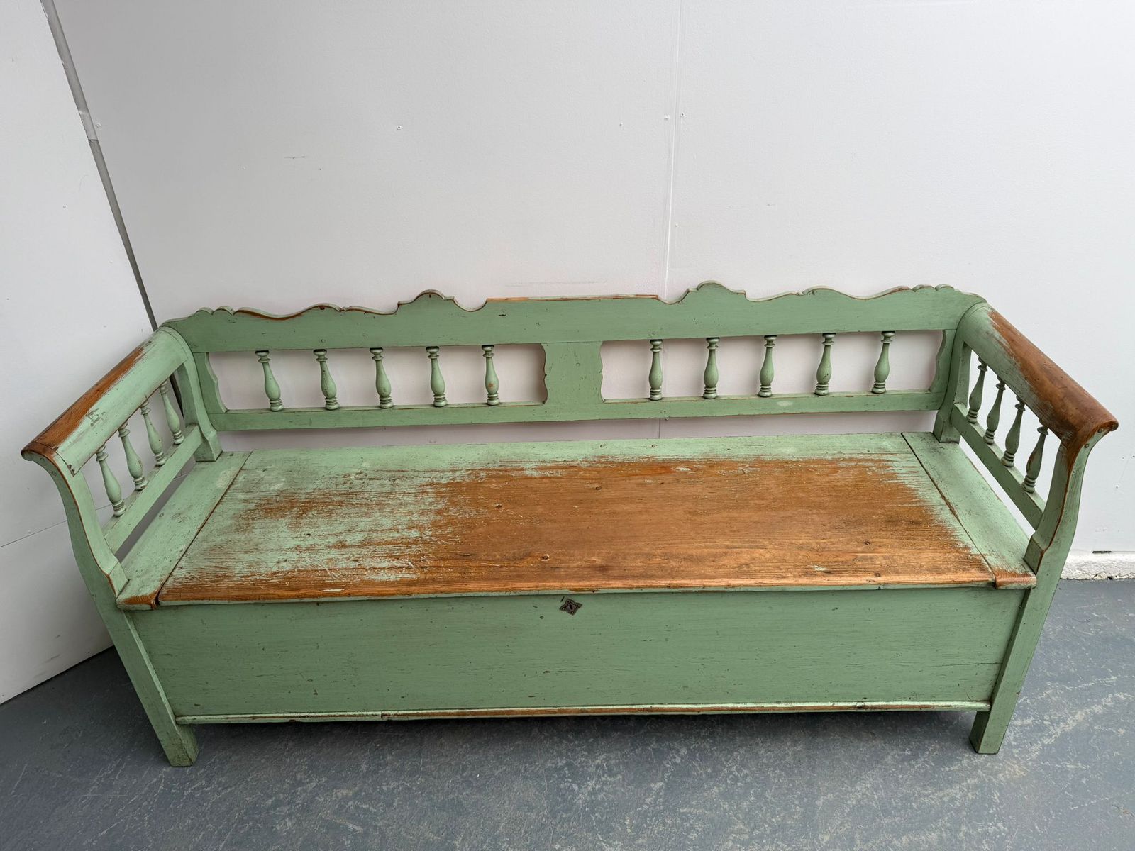 The Best Ever Painted Green Early Georgian Original Hungarian 3 Seater Bench photo for sale