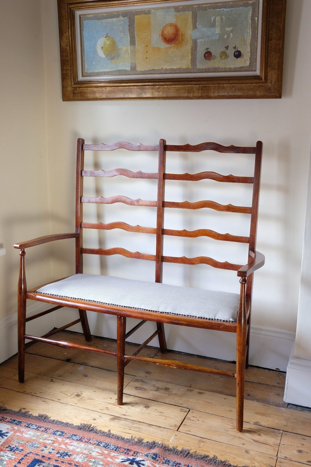 19th Century English Beech Ladder Back Bench With Horsehair Seat