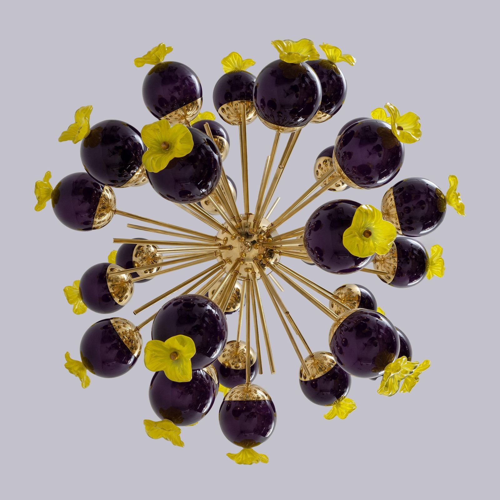 Italian Murano Glass And Brass Sputnik Chandelier, Yellow And Purple Spheres photo 8439.0