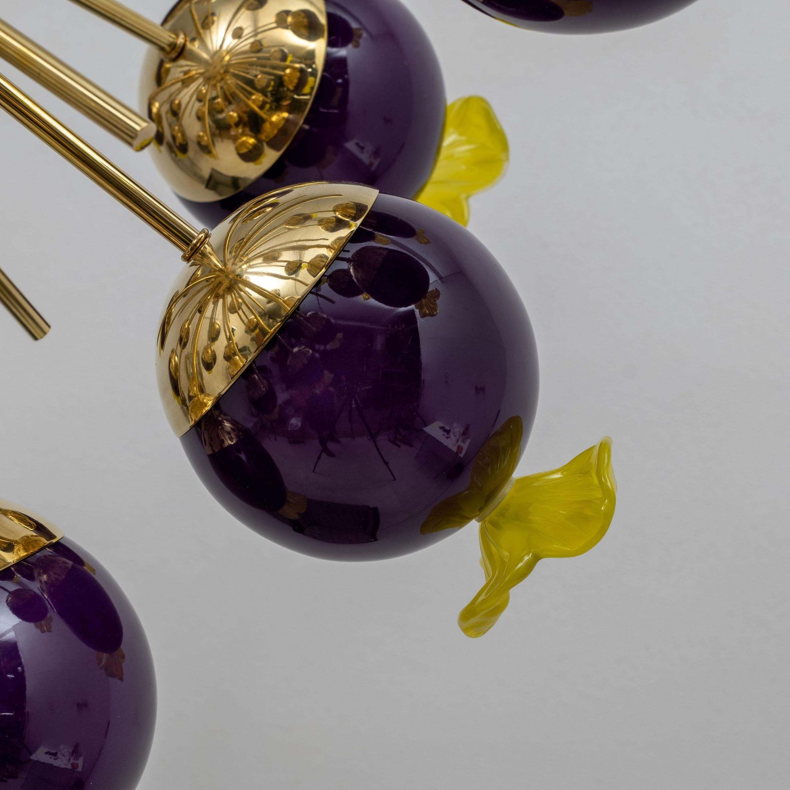Italian Murano Glass And Brass Sputnik Chandelier, Yellow And Purple Spheres photo vintage