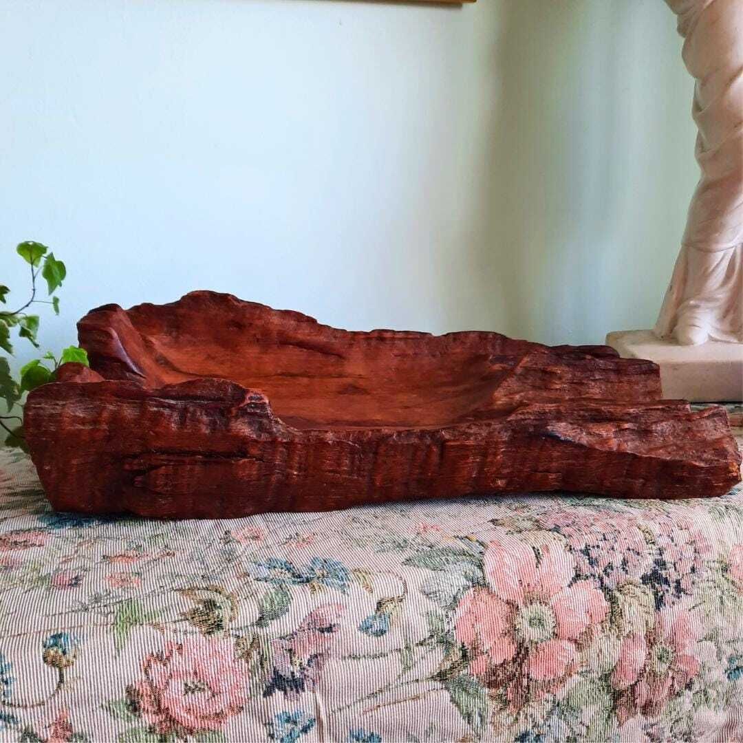 Mid Century Large Carved Organic Decorative Hardwood Root Wooden Bowl 15.2 '' Long photo vintage