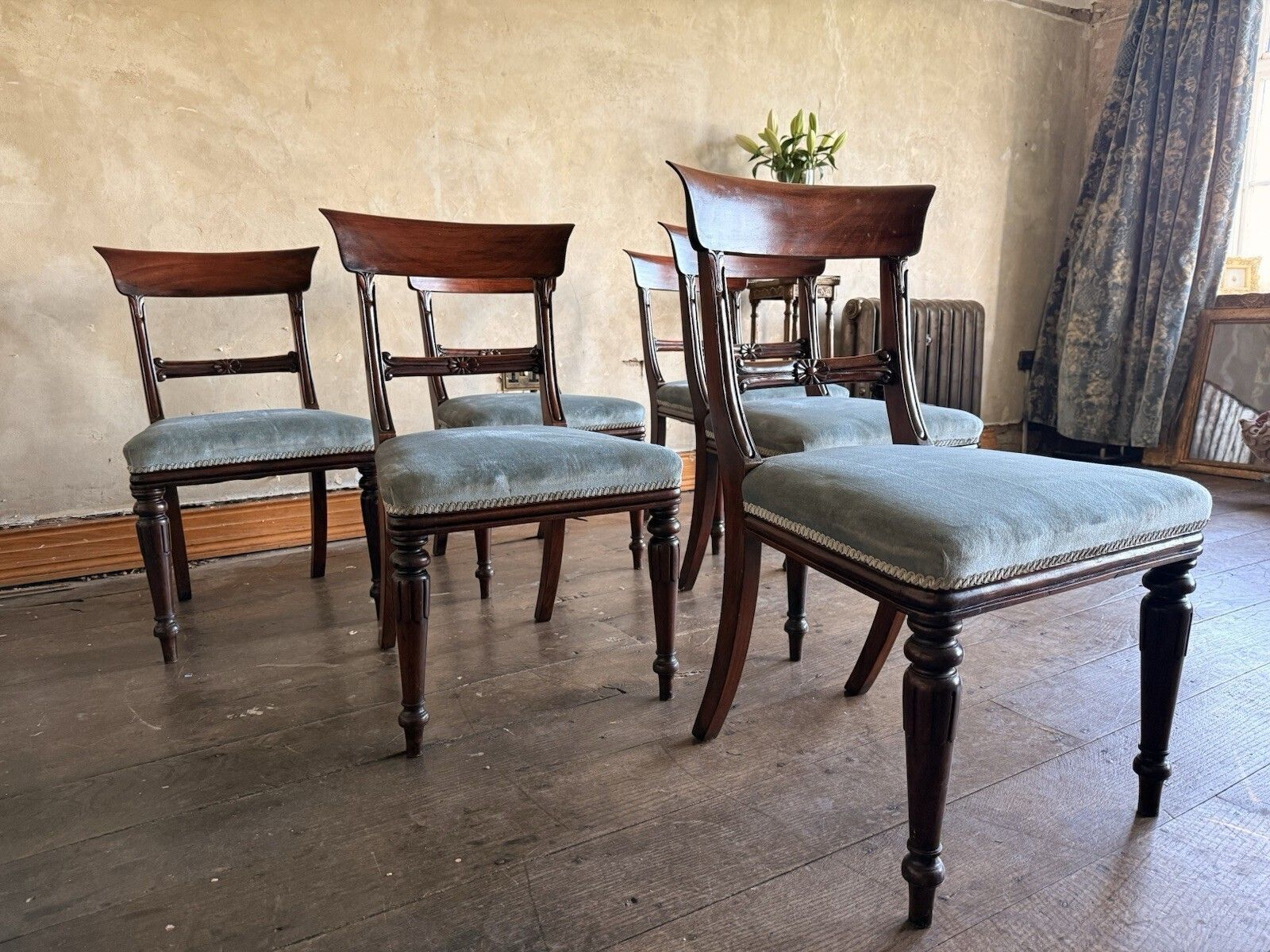 English Matching Set Of 6 Antique Mahogany Regency Blue Dining Chairs 1820c photo vinterior