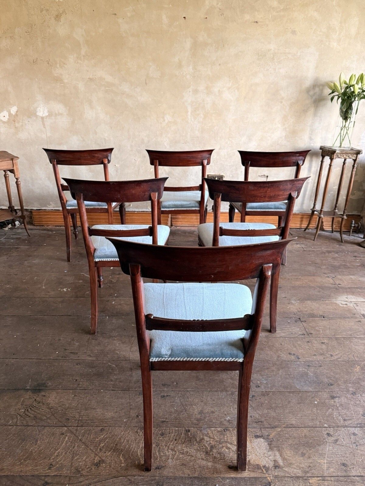 Furniture English Matching Set Of 6 Antique Mahogany Regency Blue Dining Chairs 1820c photo