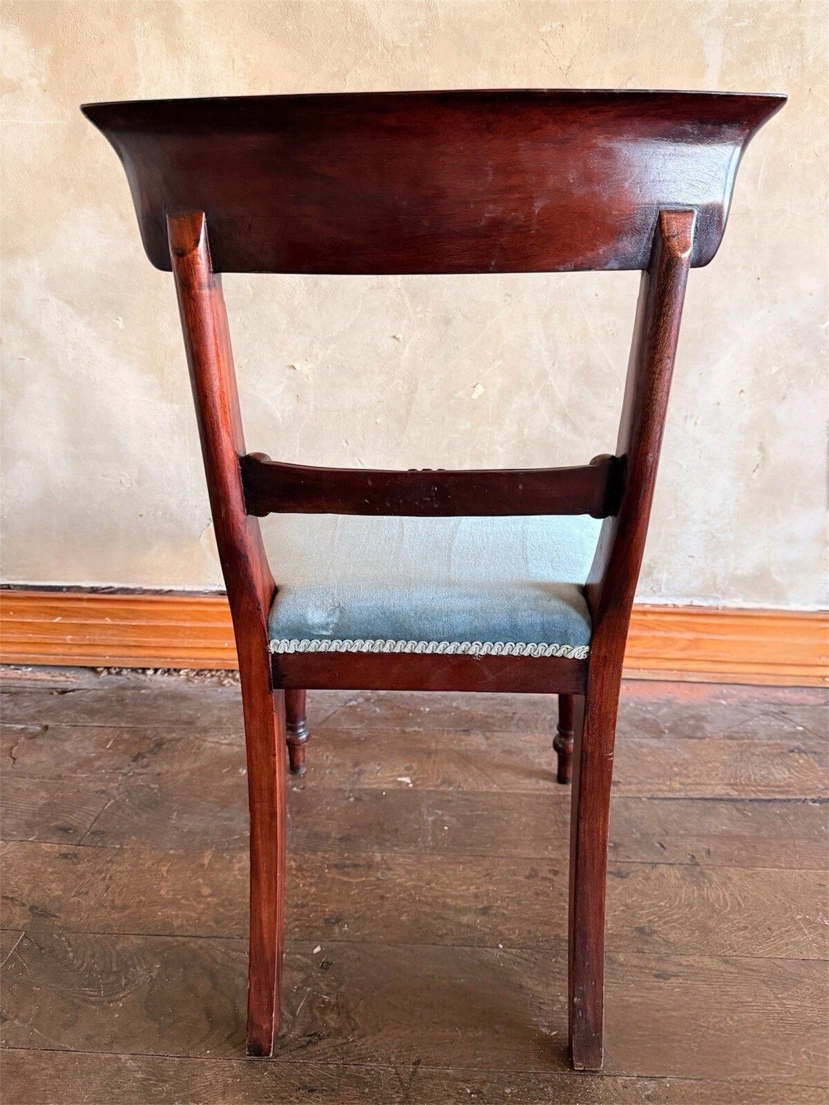 photo vinterior English Matching Set Of 6 Antique Mahogany Regency Blue Dining Chairs 1820c
