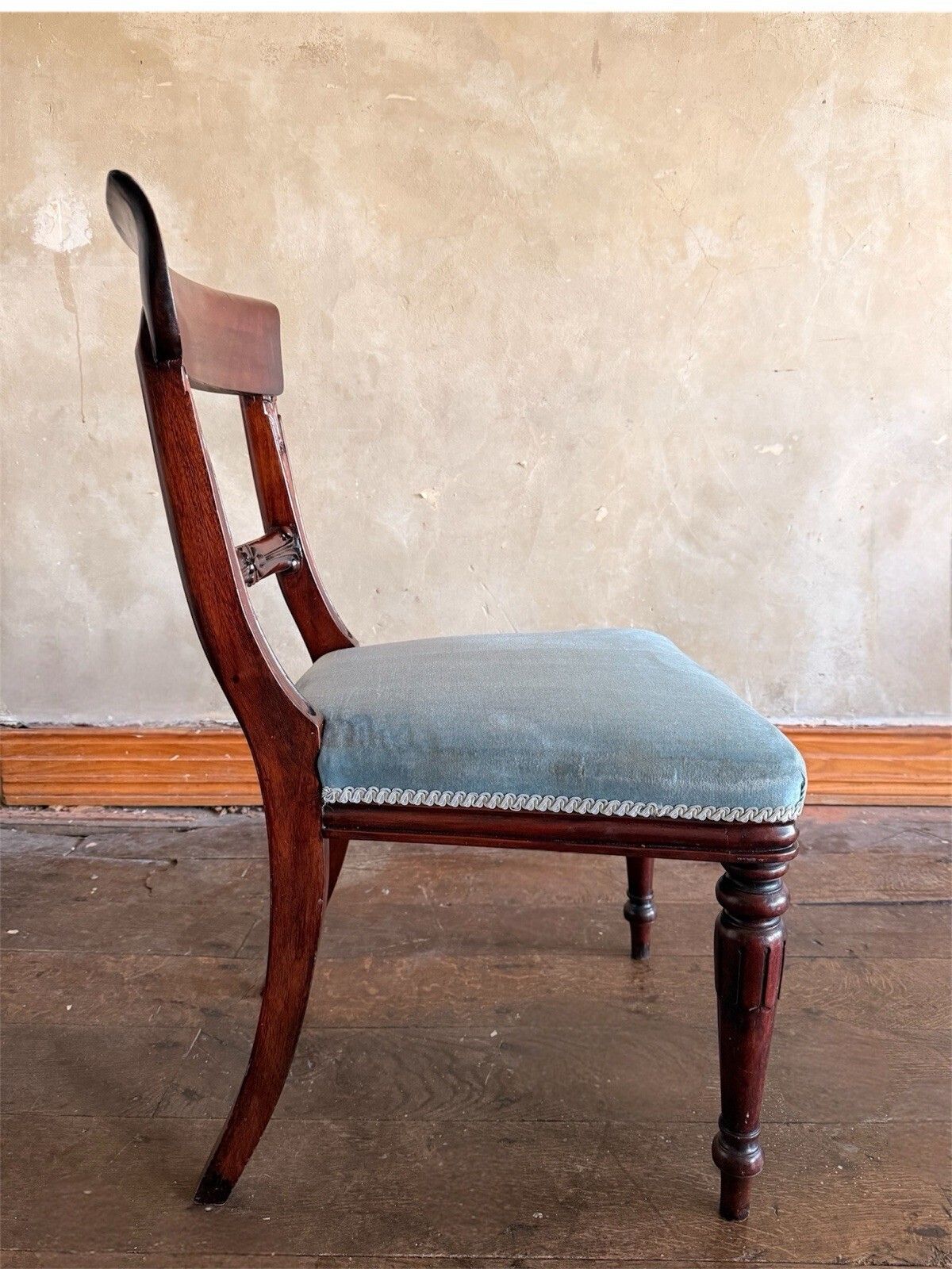 photo buy English Matching Set Of 6 Antique Mahogany Regency Blue Dining Chairs 1820c