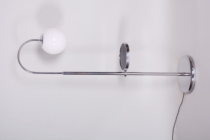 Restored Bauhaus Floor Lamp, Chrome, Steel, Opaline Glass, Czech, 1930s photo Lighting