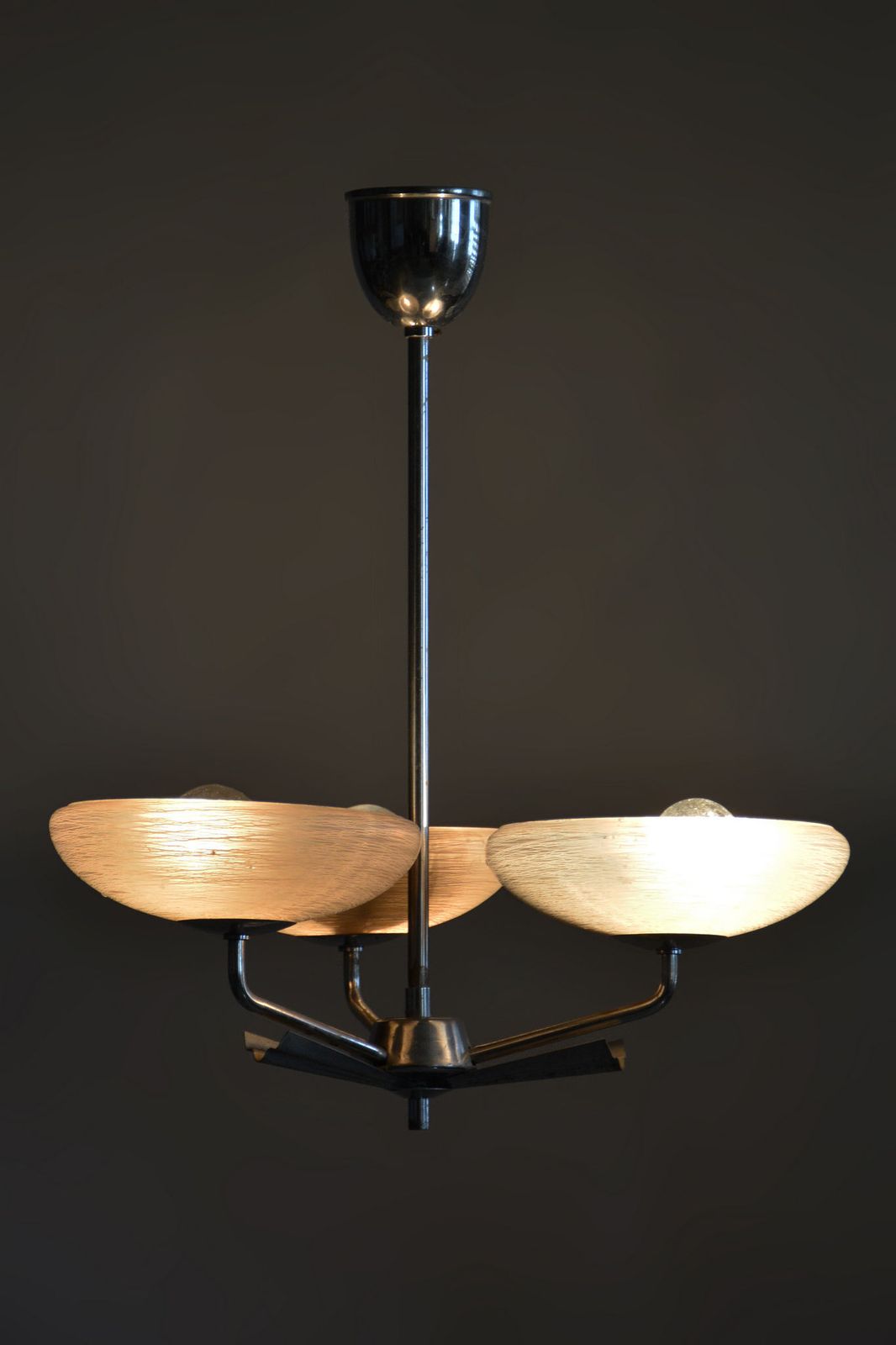Restored Art Deco Chandelier, Chrome Plated Steel, Marble Glass, Czech, 1920s photo vintage