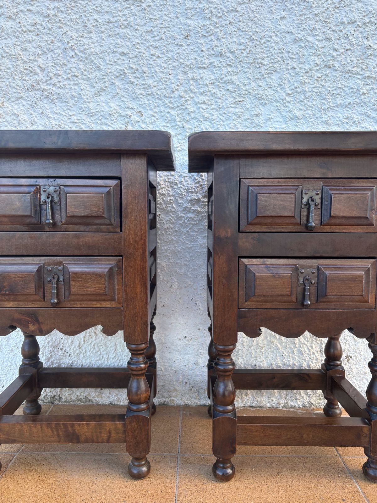 Pair Of Spanish Rustic Wooden Night Stands, Mid 20th Century photo vintage