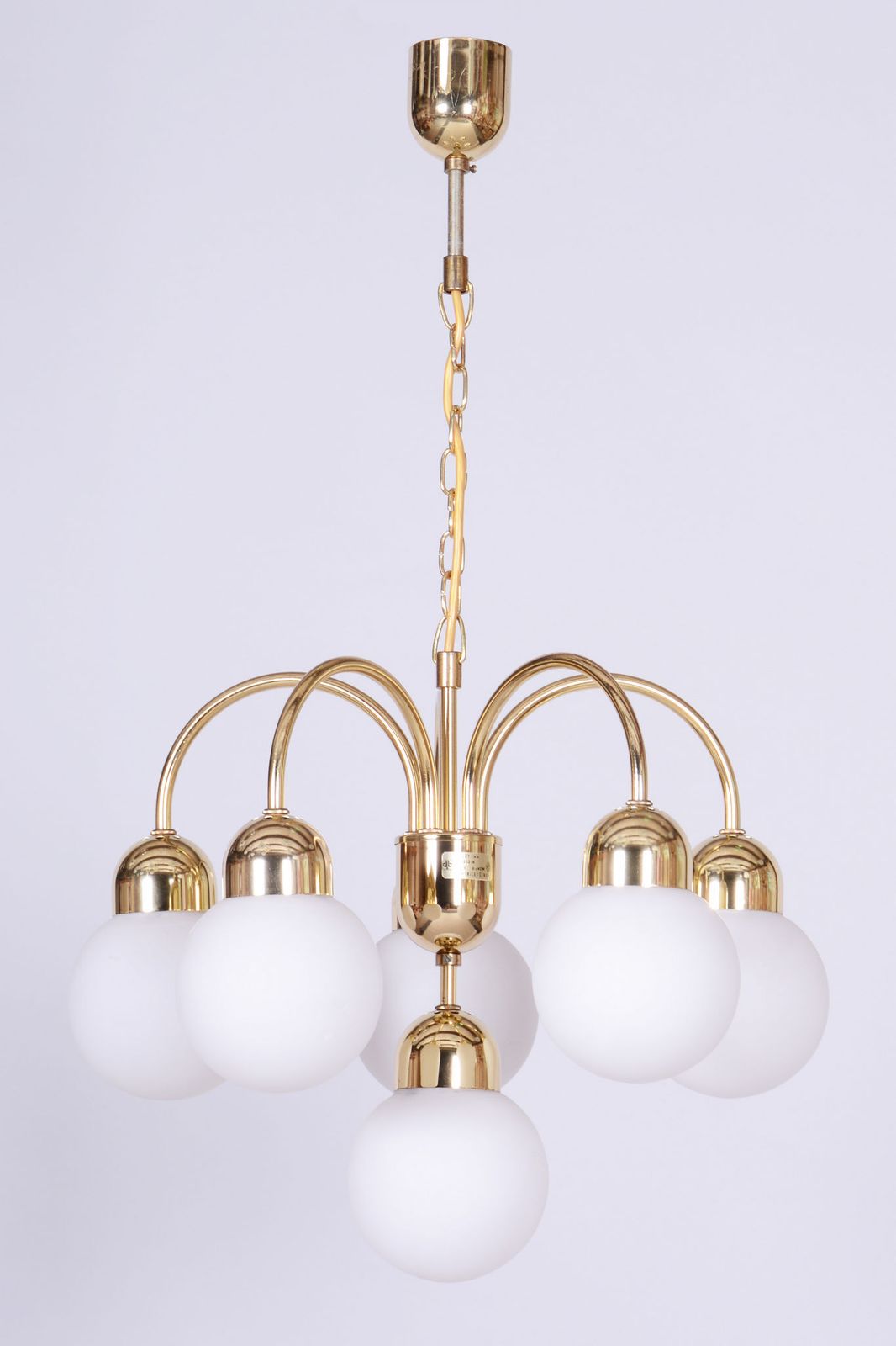 Restored Mid Century Chandelier, Brass, Opaline Glass, Repolished, Czech, 1950s
