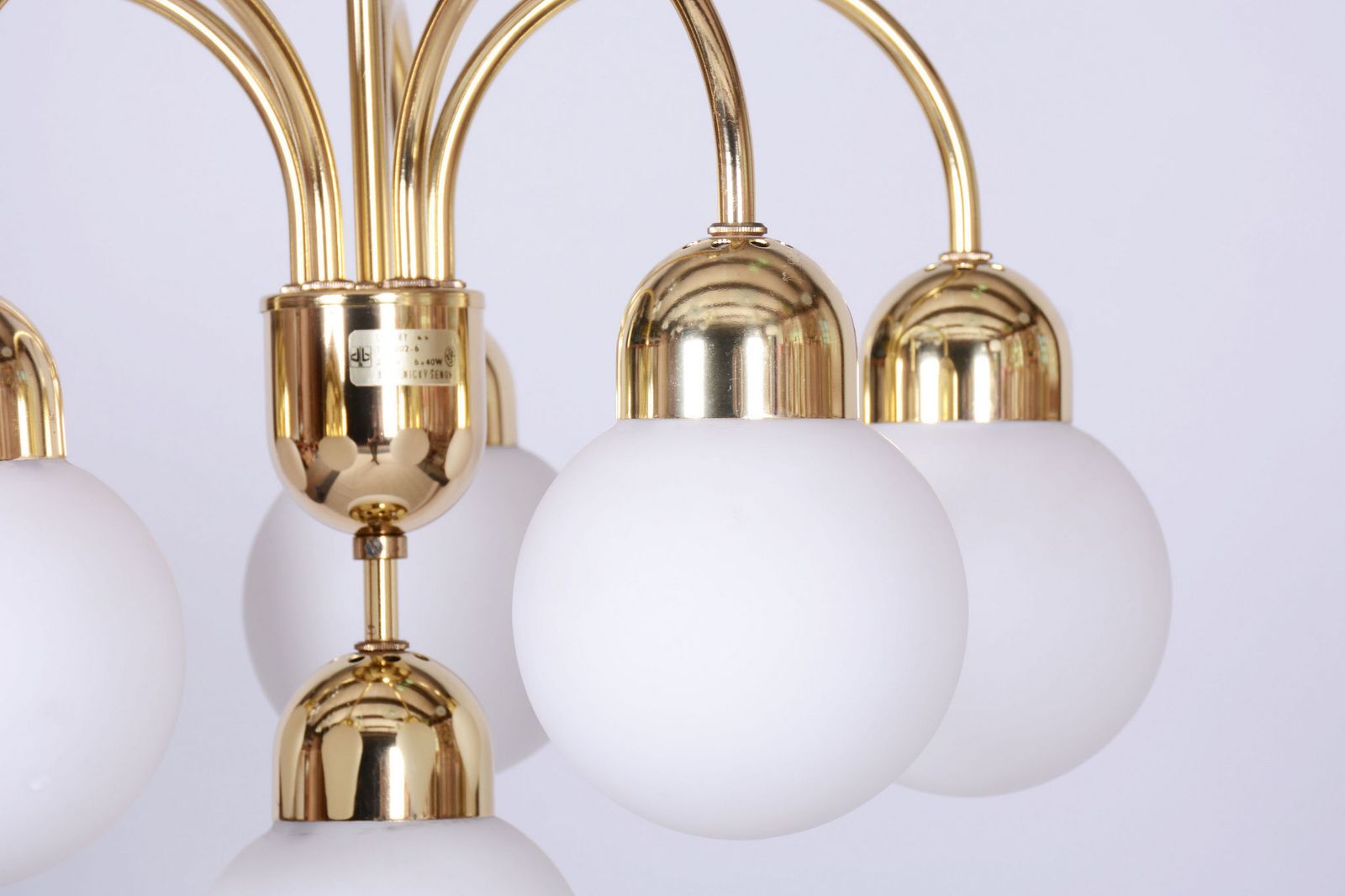 Restored Mid Century Chandelier, Brass, Opaline Glass, Repolished, Czech, 1950s photo for sale