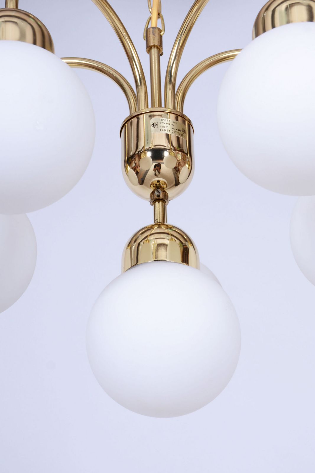 photo furniture Restored Mid Century Chandelier, Brass, Opaline Glass, Repolished, Czech, 1950s