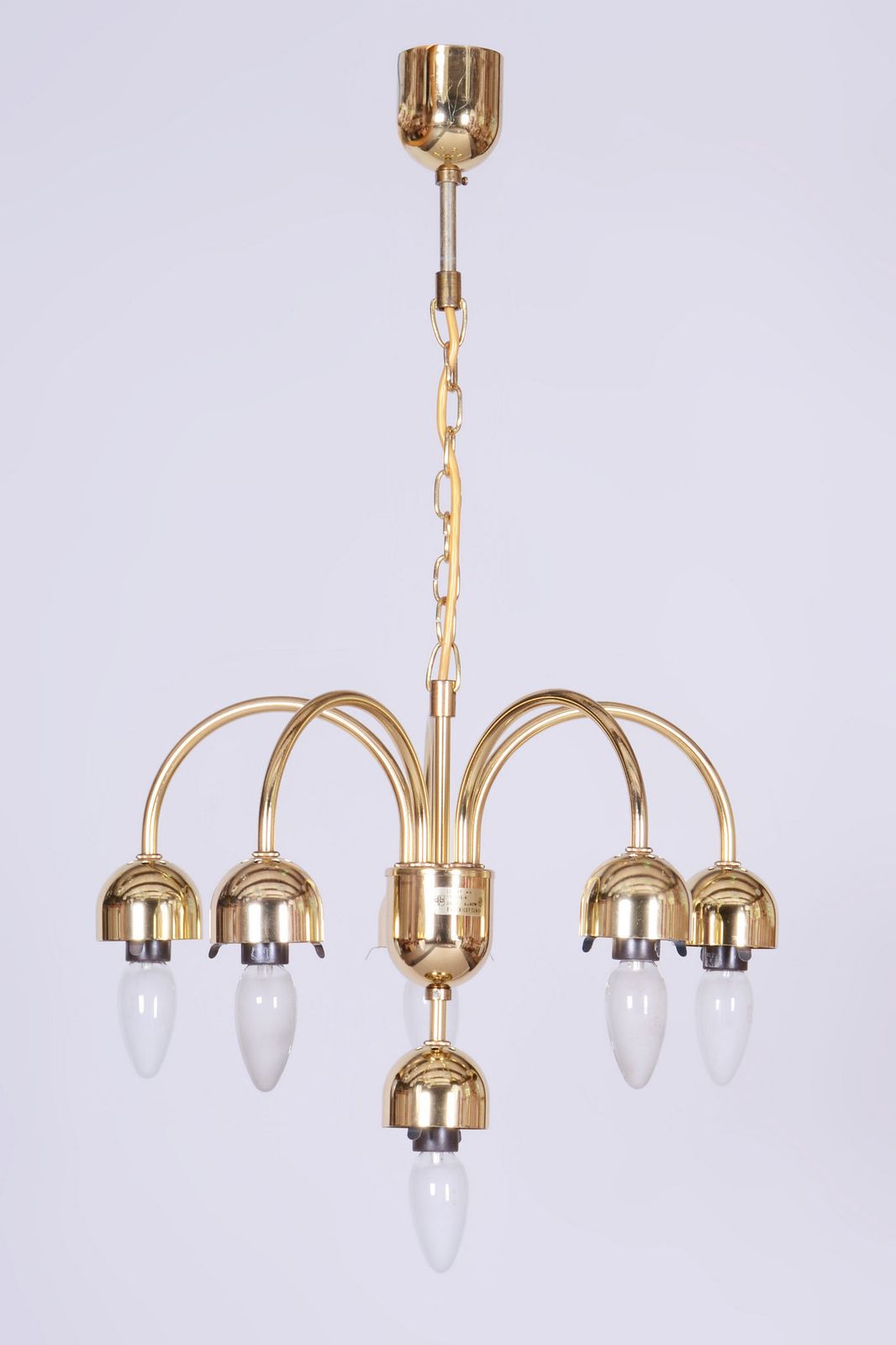 1200.0 Restored Mid Century Chandelier, Brass, Opaline Glass, Repolished, Czech, 1950s photo