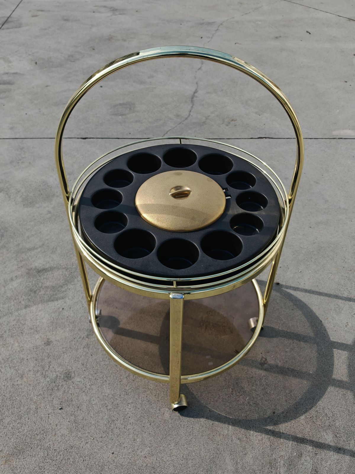 Mid Century Modern Round Bar Cart In Brass Plated Metal, Germany 1970s photo furniture