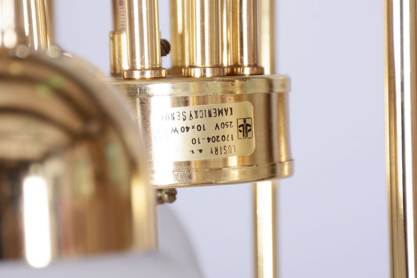 Restored Mid Century Chandelier, Brass, Opaline Glass, Cleaned, Czech, 1950s photo Lighting