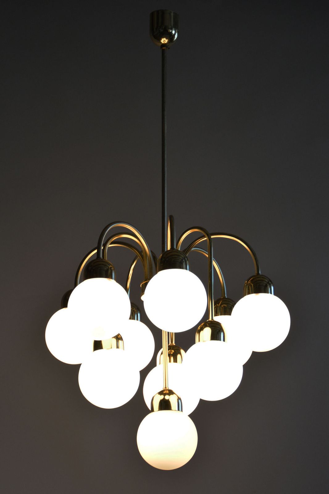 photo for sale Restored Mid Century Chandelier, Brass, Opaline Glass, Cleaned, Czech, 1950s