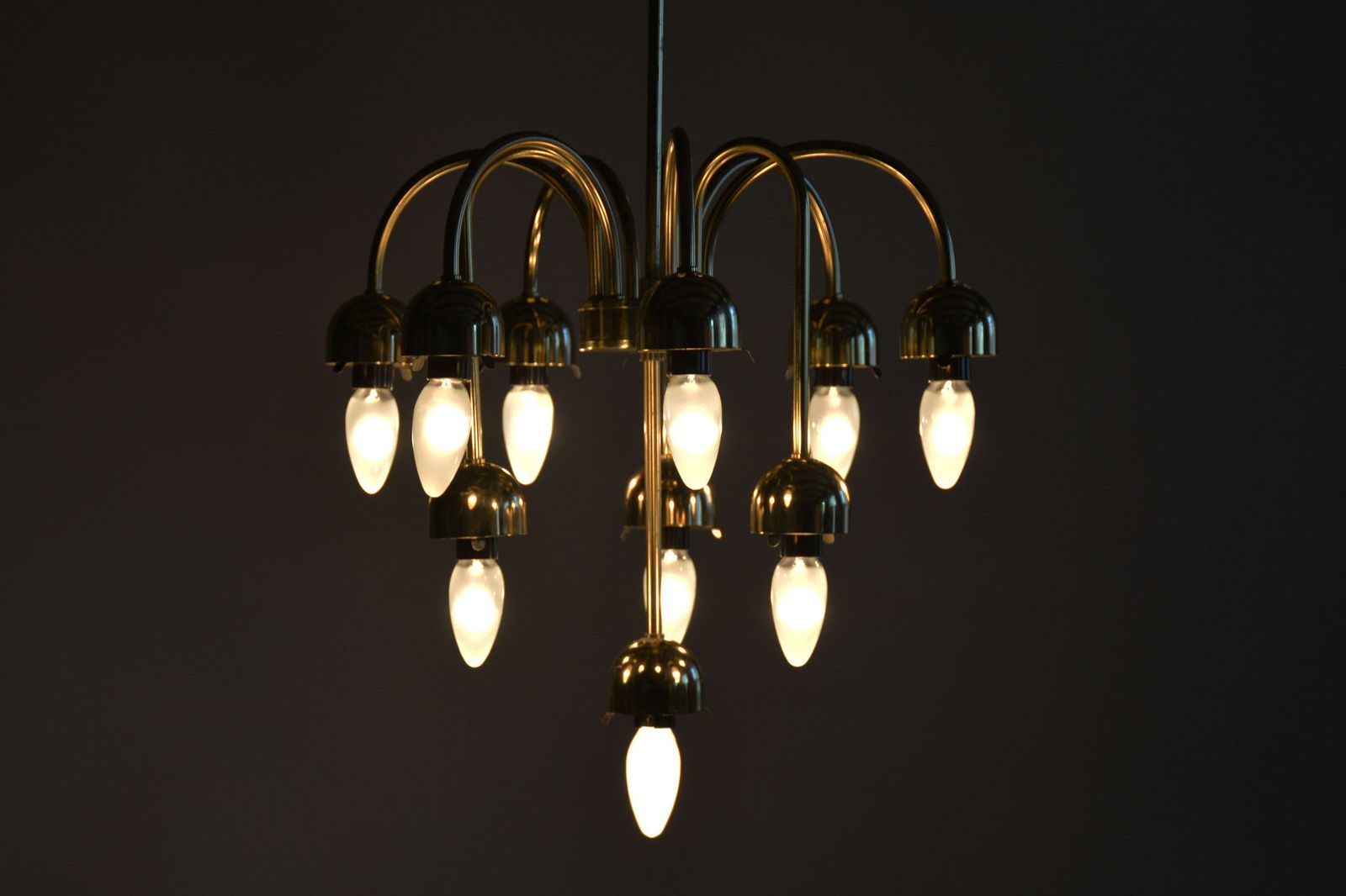 photo vintage Restored Mid Century Chandelier, Brass, Opaline Glass, Cleaned, Czech, 1950s