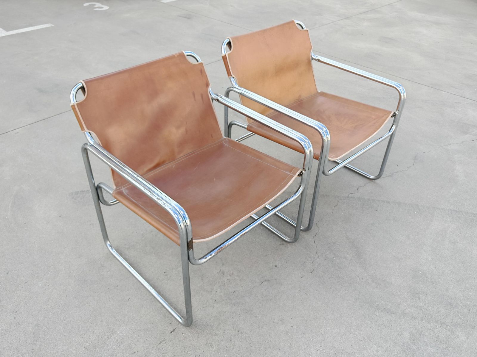 Pair Of Bauhaus Style Tubular Lounge Chairs In Cognac Leather, Jox Interni 1970s photo Furniture