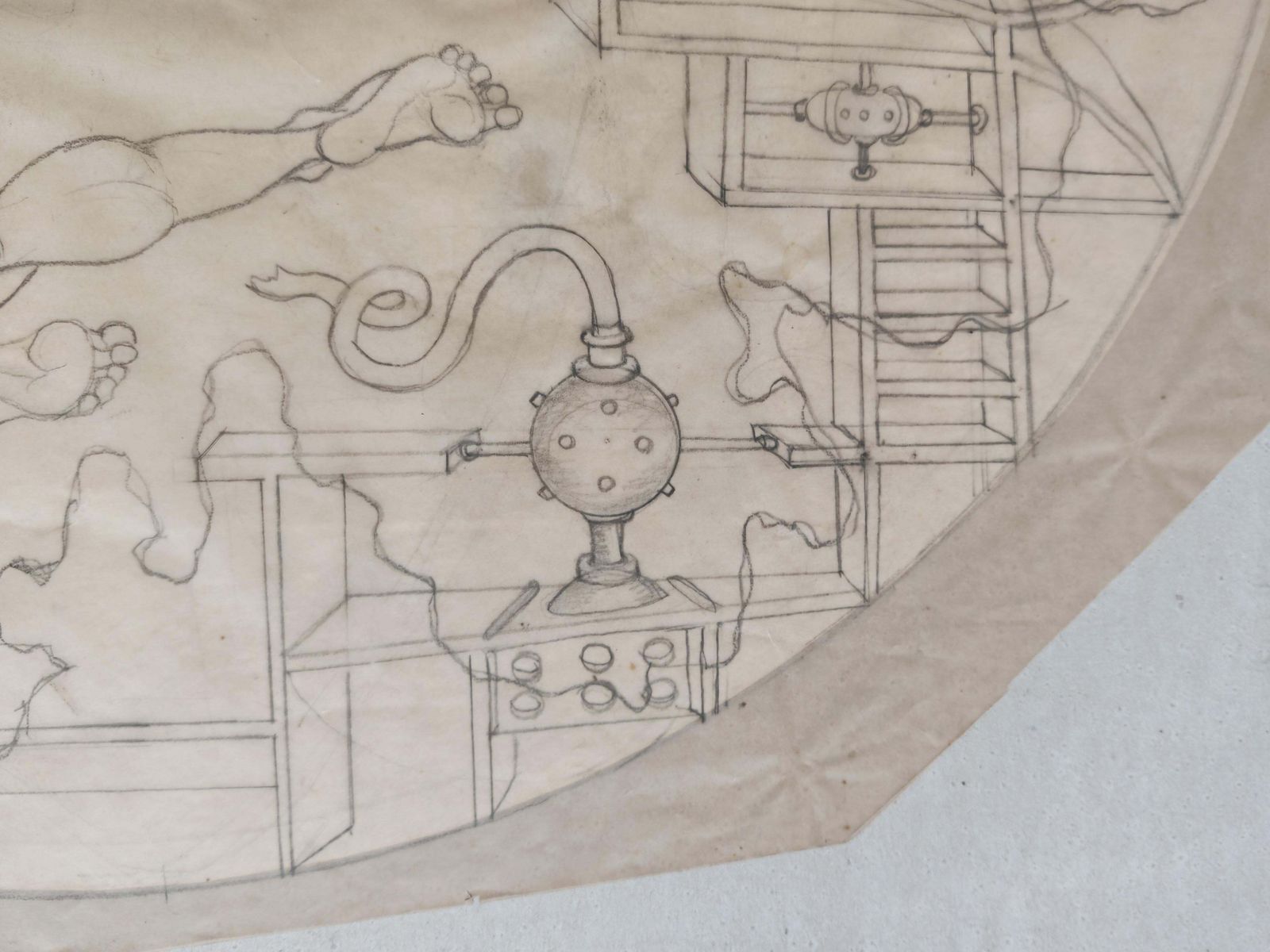 Figurative Composition With Mechanical Motifs, Pencil On Paper By Dusan Gakovic photo buy