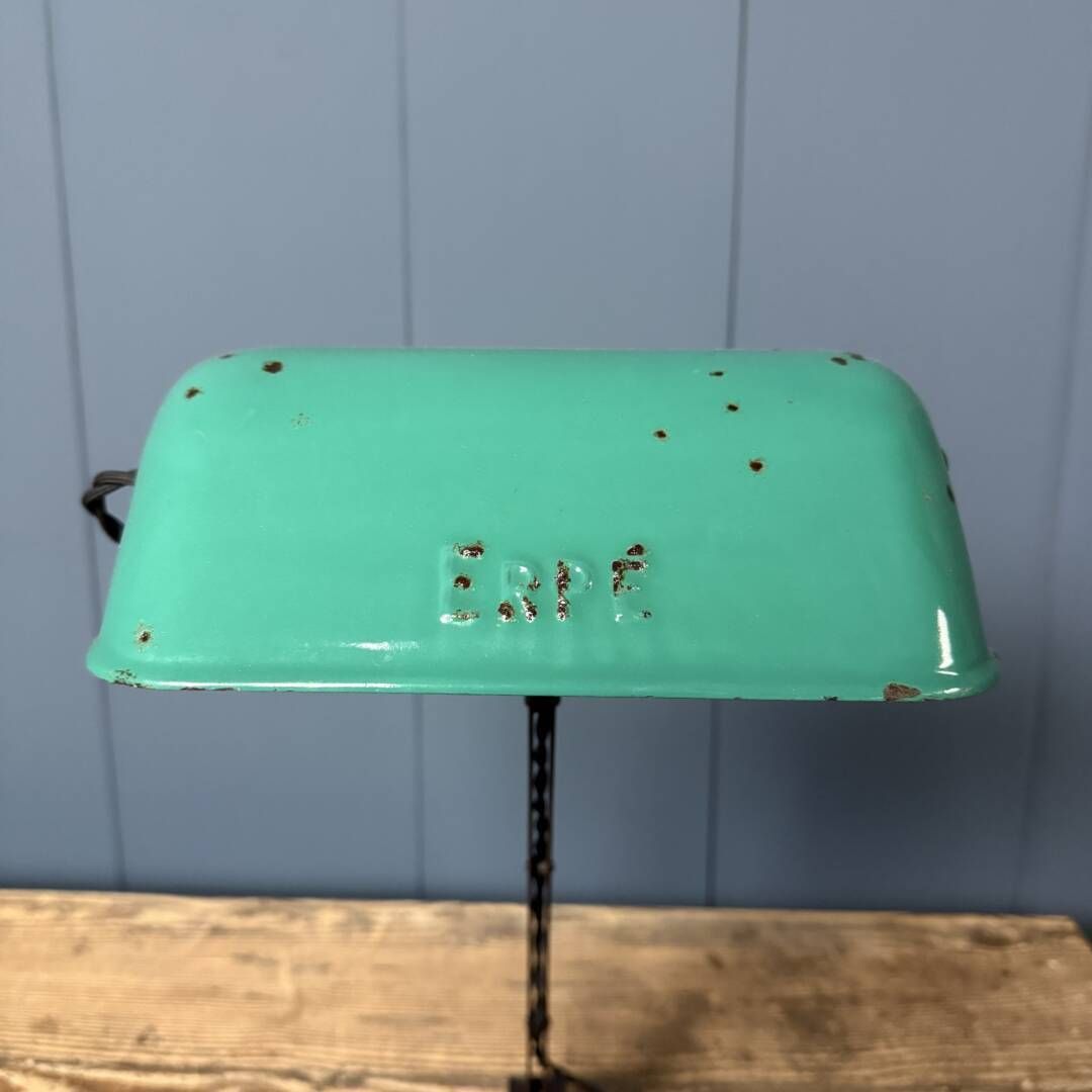 photo vintage Erpé Bankierslamp Met Turquoise Emaille Kap