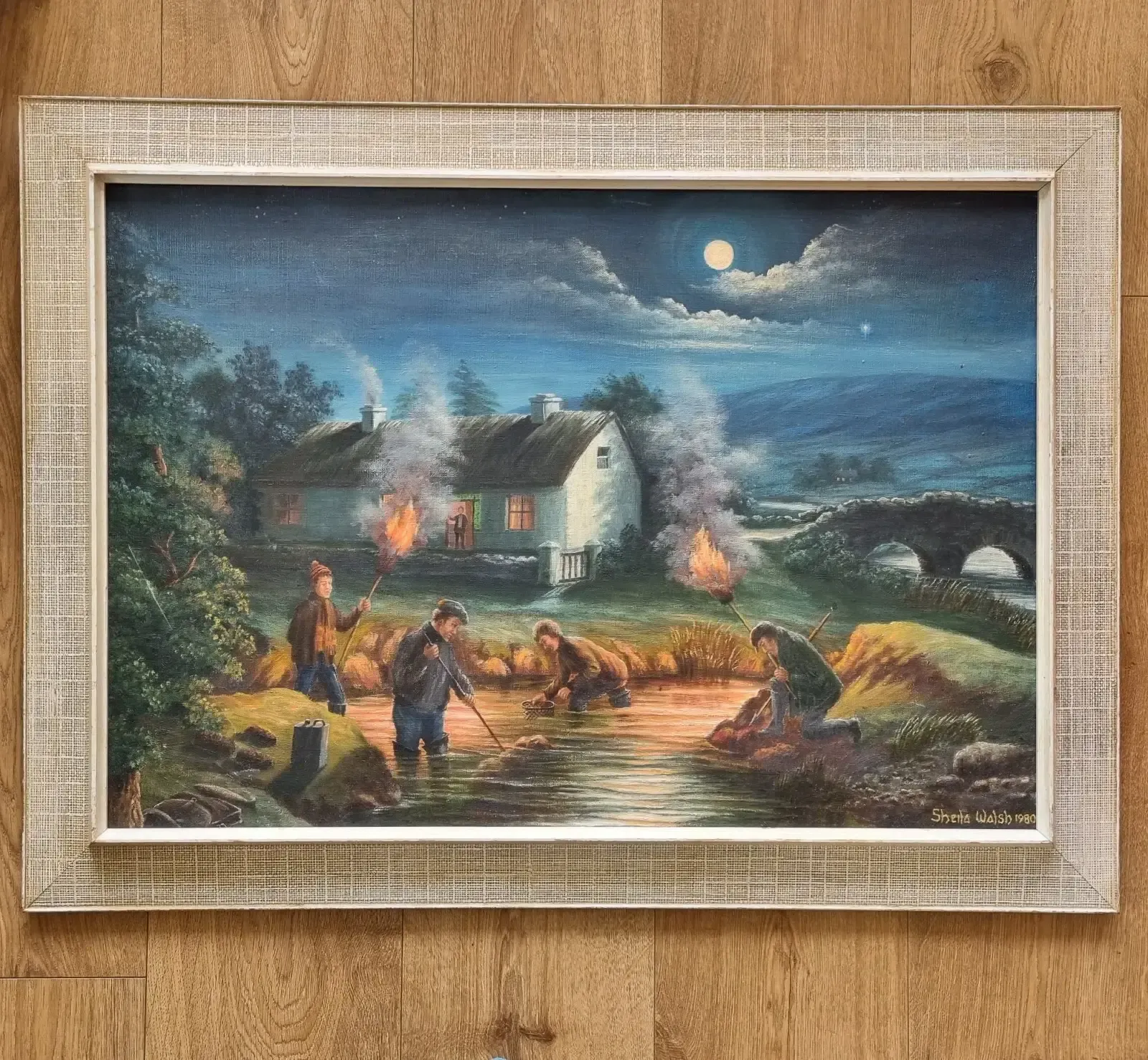 Large Framed Vintage Oil Painting Moonlit Irish Cottage Night River Fishing