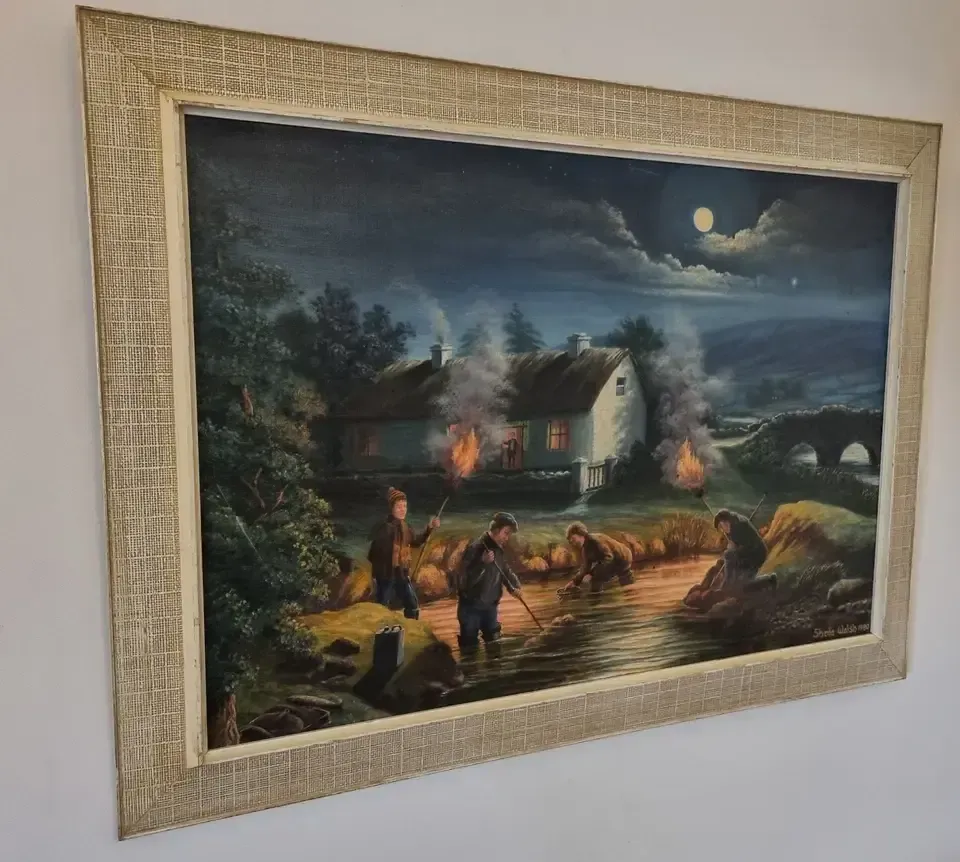Large Framed Vintage Oil Painting Moonlit Irish Cottage Night River Fishing photo Art