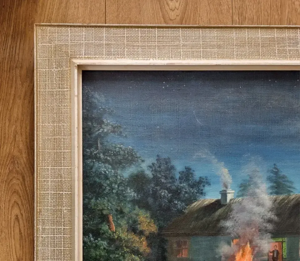 photo furniture Large Framed Vintage Oil Painting Moonlit Irish Cottage Night River Fishing